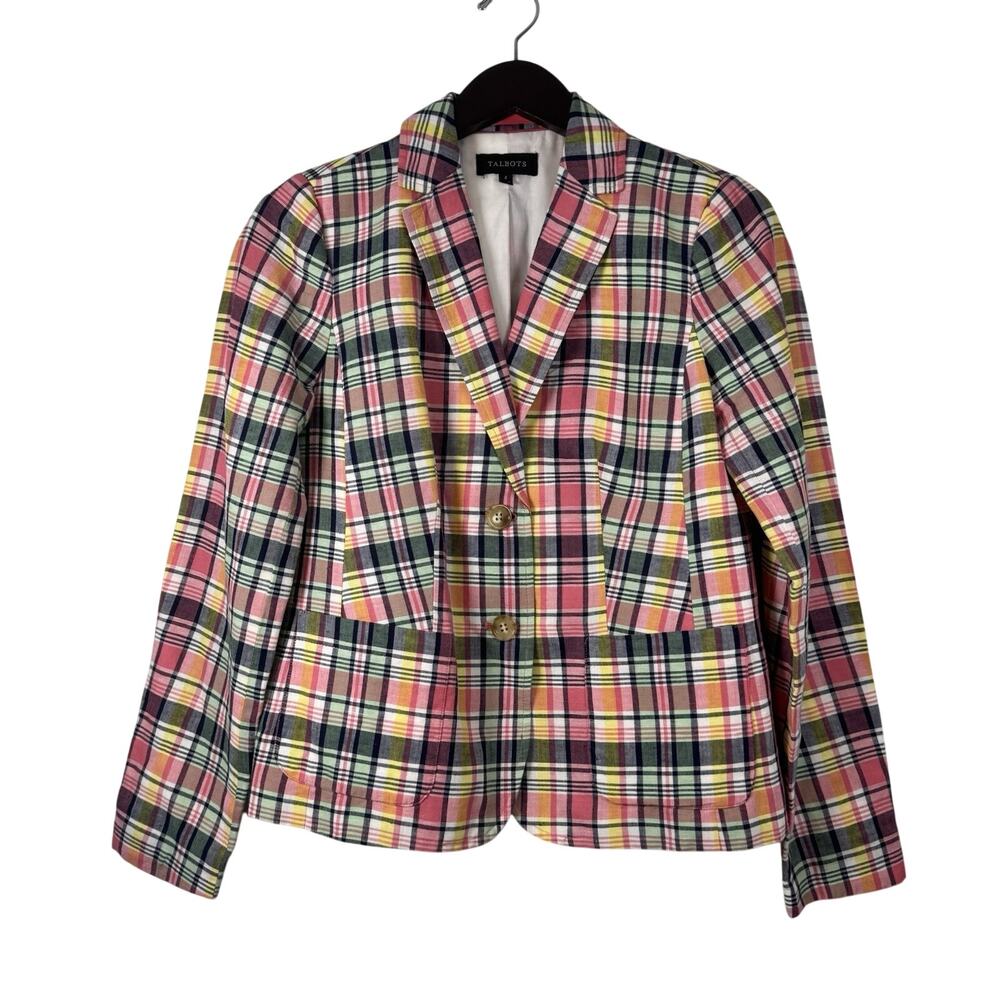 Talbots Madras Plaid Linen Blend Blazer Women's Size 4 Pink Preppy Nautical
